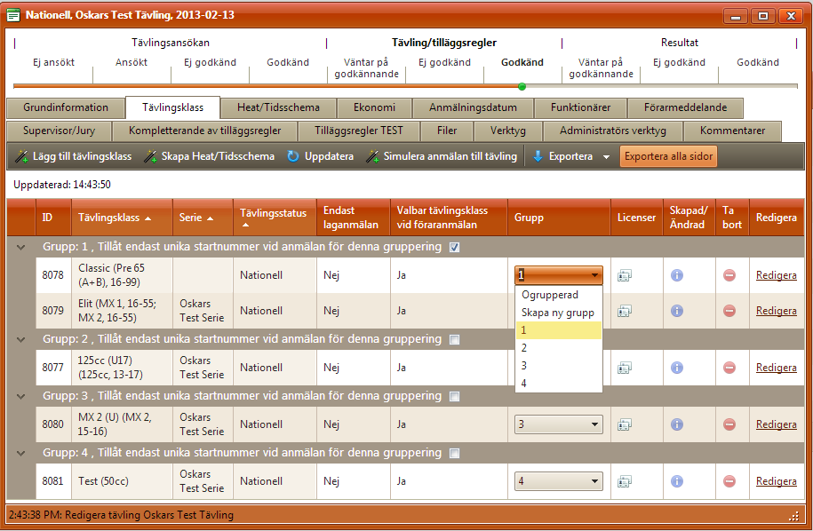 Gruppera tävlingsklasser För att gruppera en tävlingsklass går du till kolumnen Grupp (1) som finns till höger om varje tävlingsklass.