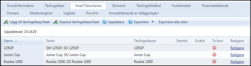 Heat/Tidsschema Om du i fliken Tävlingsklass klickade på Skapa Heat/Tidsschema finns här nu heaten till tävlingsklasserna upplagda. Om du klickat på knappen, men inget syns. Klicka då på Uppdatera.