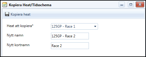 Klicka därefter på Kopiera tävlingsklass/heat I rullistan (1) Heat att kopiera* väljer du det heat som ska kopieras.