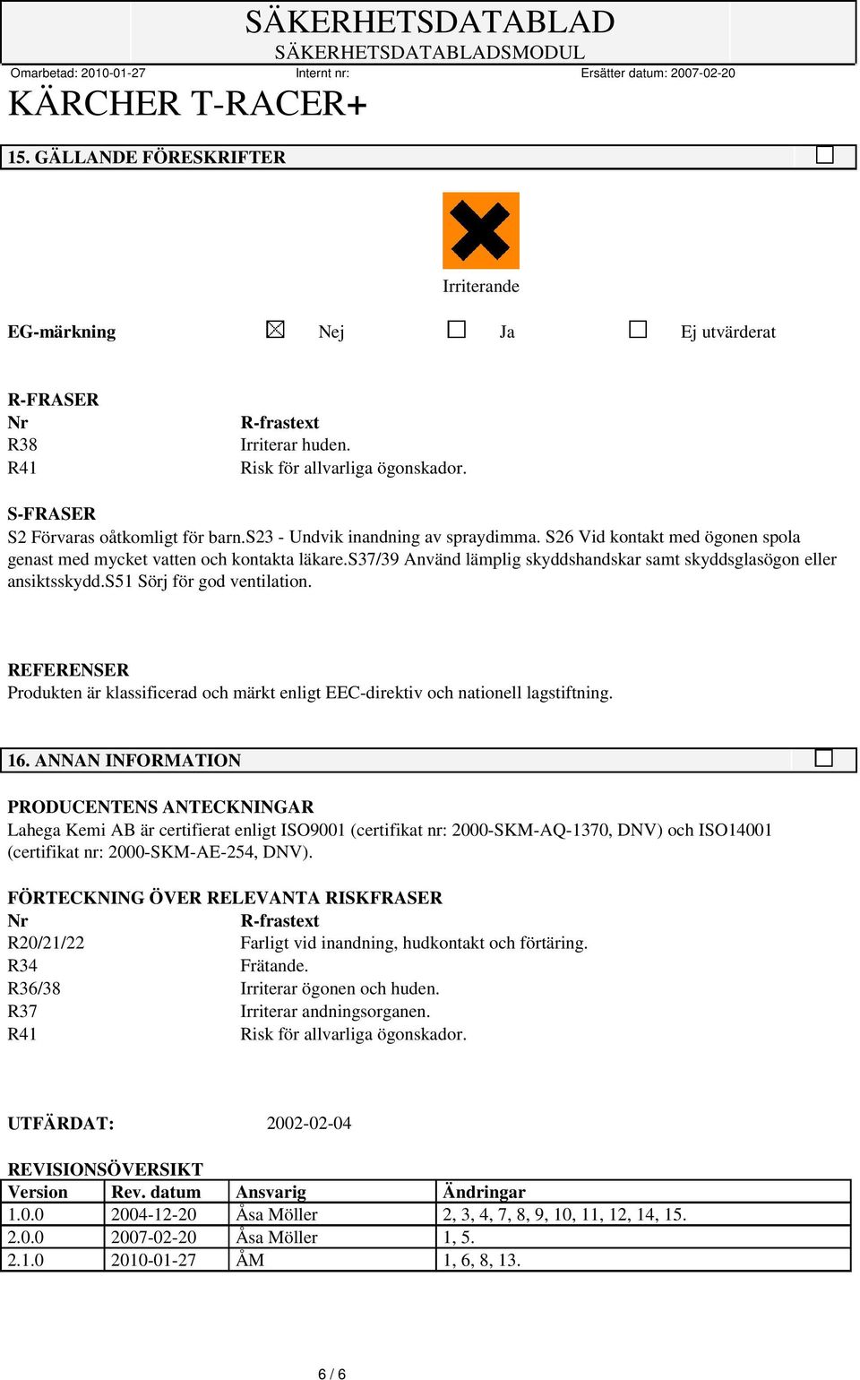 s51 Sörj för god ventilation. REFERENSER Produkten är klassificerad och märkt enligt EEC-direktiv och nationell lagstiftning. 16.