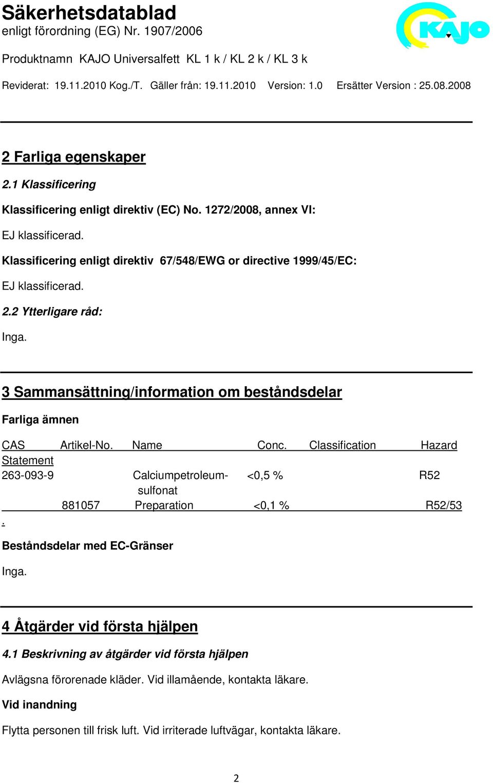 3 Sammansättning/information om beståndsdelar Farliga ämnen CAS Artikel-No. Name Conc.