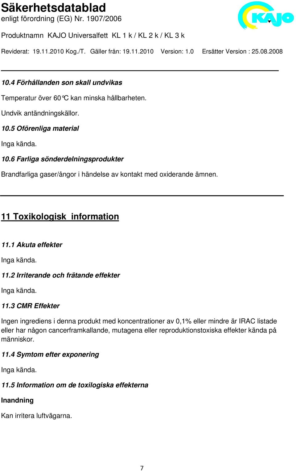 1 Akuta effekter Inga kända. 11.