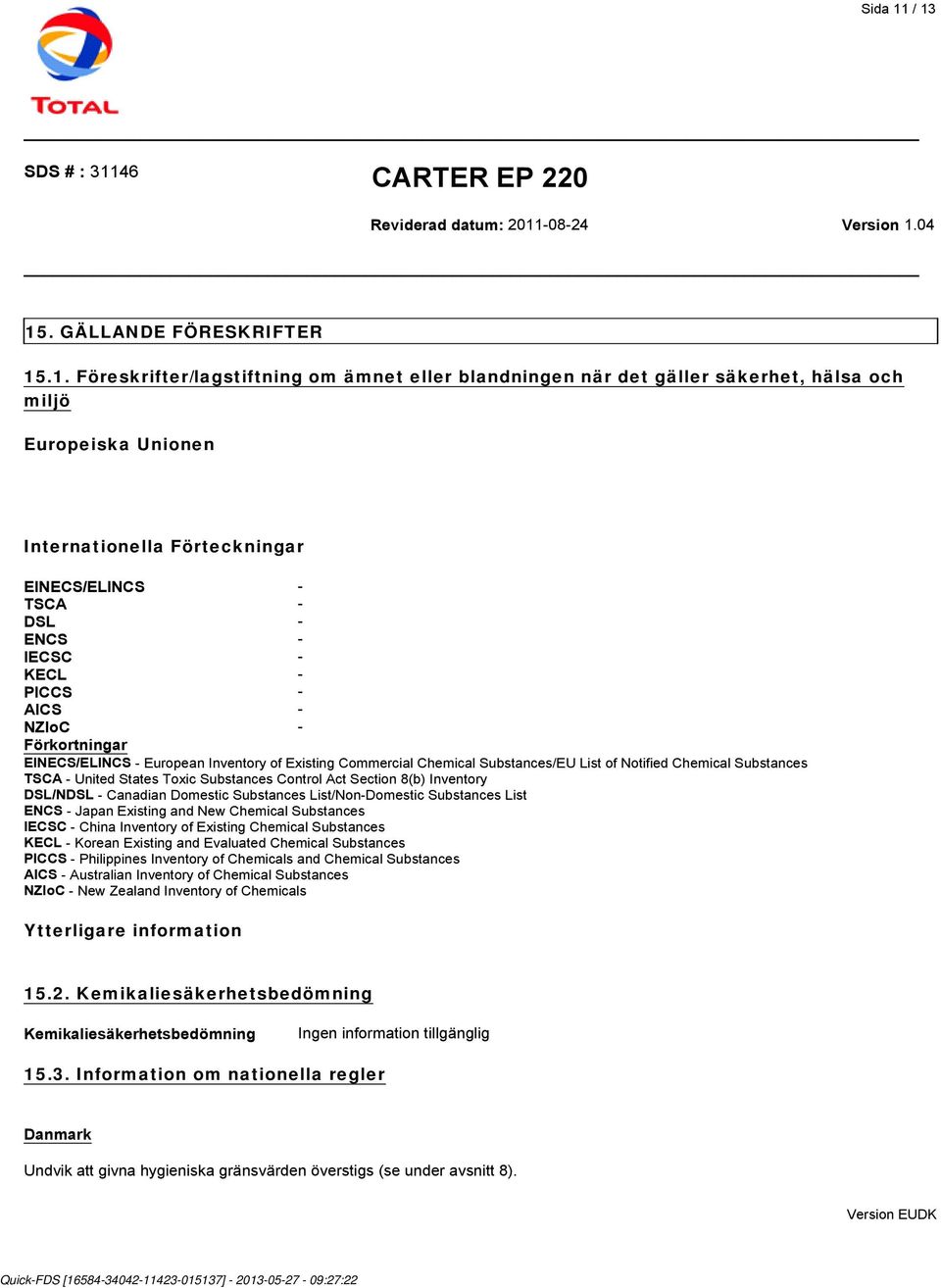 TSCA - DSL - ENCS - IECSC - KECL - PICCS - AICS - NZIoC - Förkortningar EINECS/ELINCS - European Inventory of Existing Commercial Chemical Substances/EU List of Notified Chemical Substances TSCA -