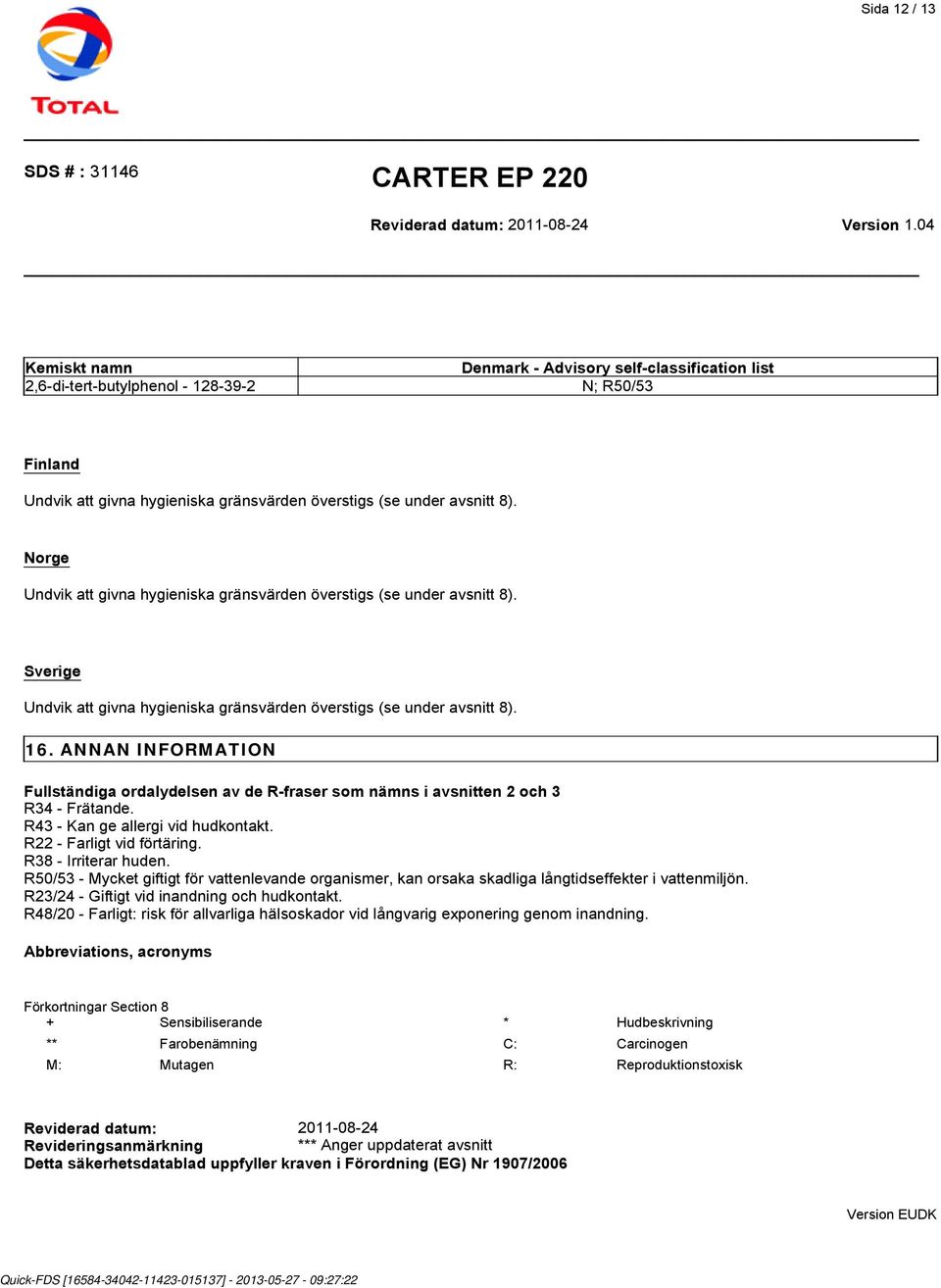 ANNAN INFORMATION Fullständiga ordalydelsen av de R-fraser som nämns i avsnitten 2 och 3 R34 - Frätande. R43 - Kan ge allergi vid hudkontakt. R22 - Farligt vid förtäring. R38 - Irriterar huden.