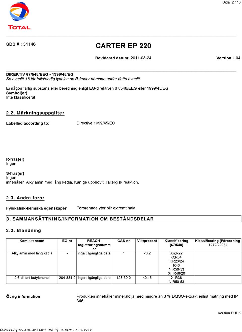 2. Märkningsuppgifter Labelled according to: Directive 1999/45/EC R-fras(er) Ingen S-fras(er) Ingen innehåller Alkylamin med lång kedja. Kan ge upphov tilllallergisk reaktion. 2.3.