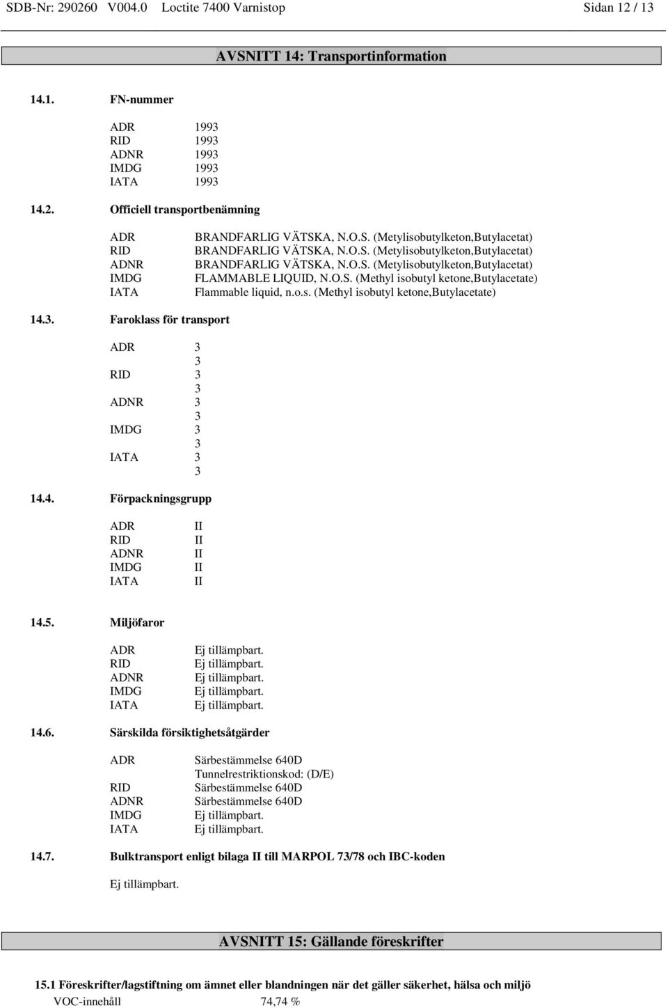3. Faroklass för transport ADR 3 3 RID 3 3 ADNR 3 3 IMDG 3 3 IATA 3 3 14.4. Förpackningsgrupp ADR RID ADNR IMDG IATA II II II II II 14.5. Miljöfaror ADR RID ADNR IMDG IATA 14.6.