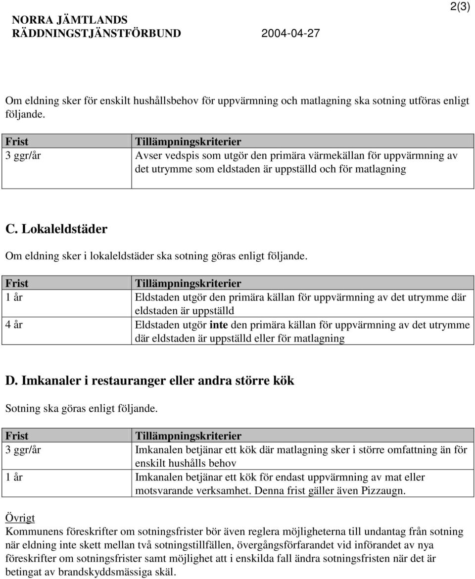 Lokaleldstäder Om eldning sker i lokaleldstäder ska sotning göras enligt följande.