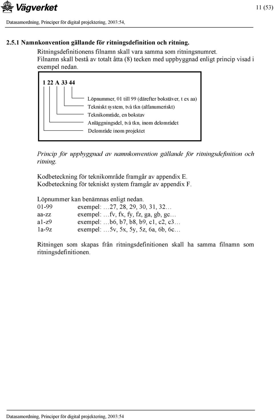 1 22 A 33 44 Löpnummer, 01 till 99 (därefter bokstäver, t ex aa) Tekniskt system, två tkn (alfanumeriskt) Teknikområde, en bokstav Anläggningsdel, två tkn, inom delområdet Delområde inom projektet