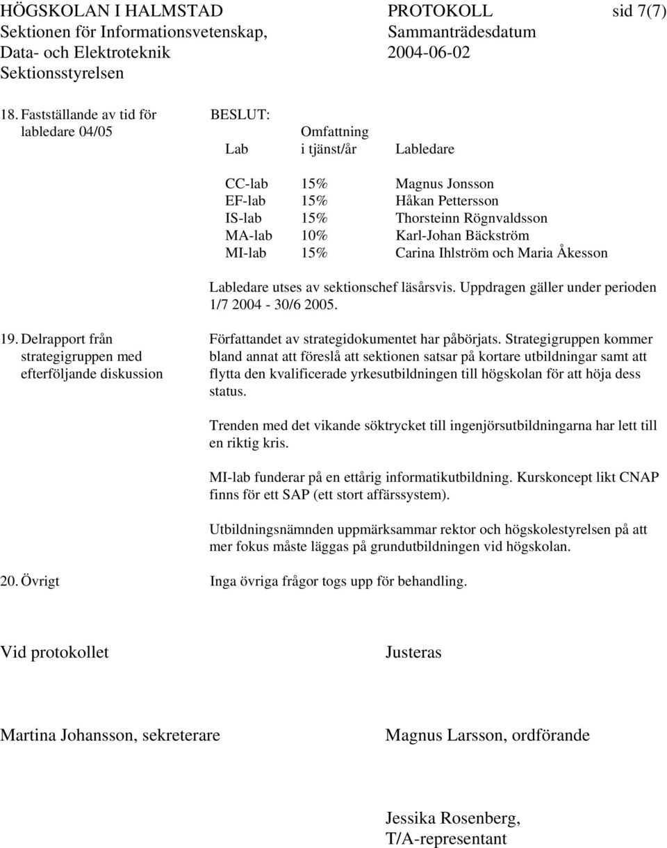 MI-lab 15% Carina Ihlström och Maria Åkesson Labledare utses av sektionschef läsårsvis. Uppdragen gäller under perioden 1/7 2004-30/6 2005. 19.