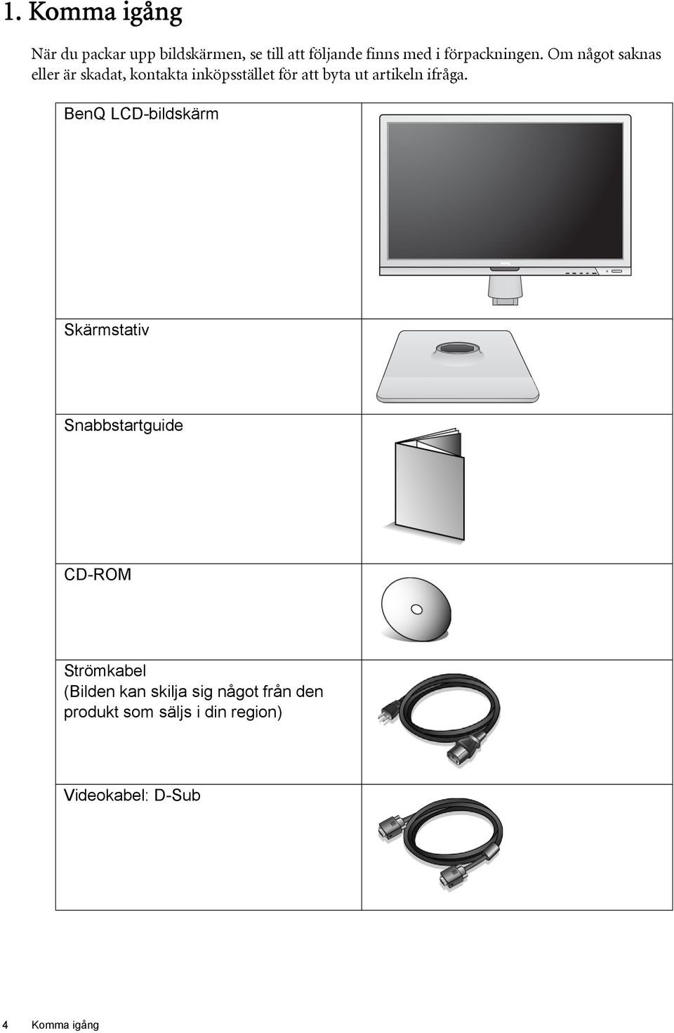 Om något saknas eller är skadat, kontakta inköpsstället för att byta ut artikeln ifråga.