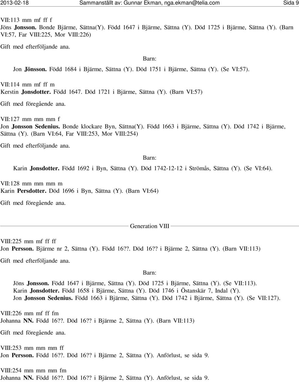 Död 1721 i Bjärme, Sättna (Y). (Barn VI:57) VII:127 mm mm mm f Jon Jonsson Sedenius. Bonde klockare Byn, Sättna(Y). Född 1663 i Bjärme, Sättna (Y). Död 1742 i Bjärme, Sättna (Y).