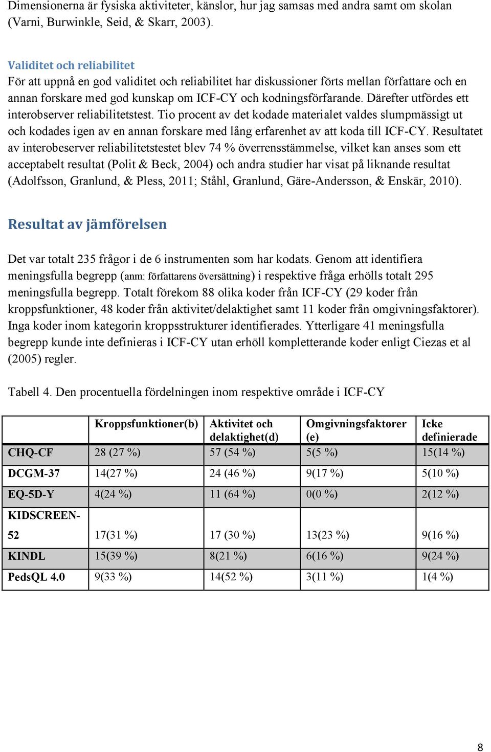 Därefter utfördes ett interobserver reliabilitetstest. Tio procent av det kodade materialet valdes slumpmässigt ut och kodades igen av en annan forskare med lång erfarenhet av att koda till ICF-CY.