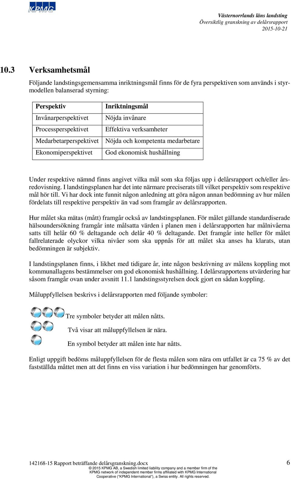 mål som ska följas upp i delårsrapport och/eller årsredovisning. I landstingsplanen har det inte närmare preciserats till vilket perspektiv som respektive mål hör till.