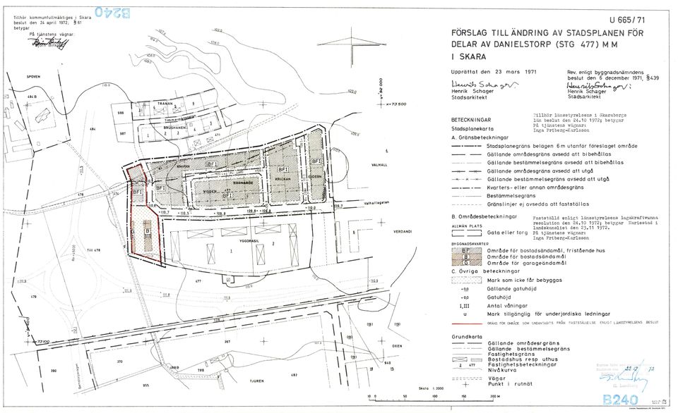 Skaraborg s l än beslut den 24 10 1972; betygar p å tj änstens vägnar: nga Friberg- Karl s son BETECKN N GAR ~ Stadsplanekar ta 'r-ru'37) A Gränsbeteckningar ----- Stadsplanegräns belägen 6 m utanför