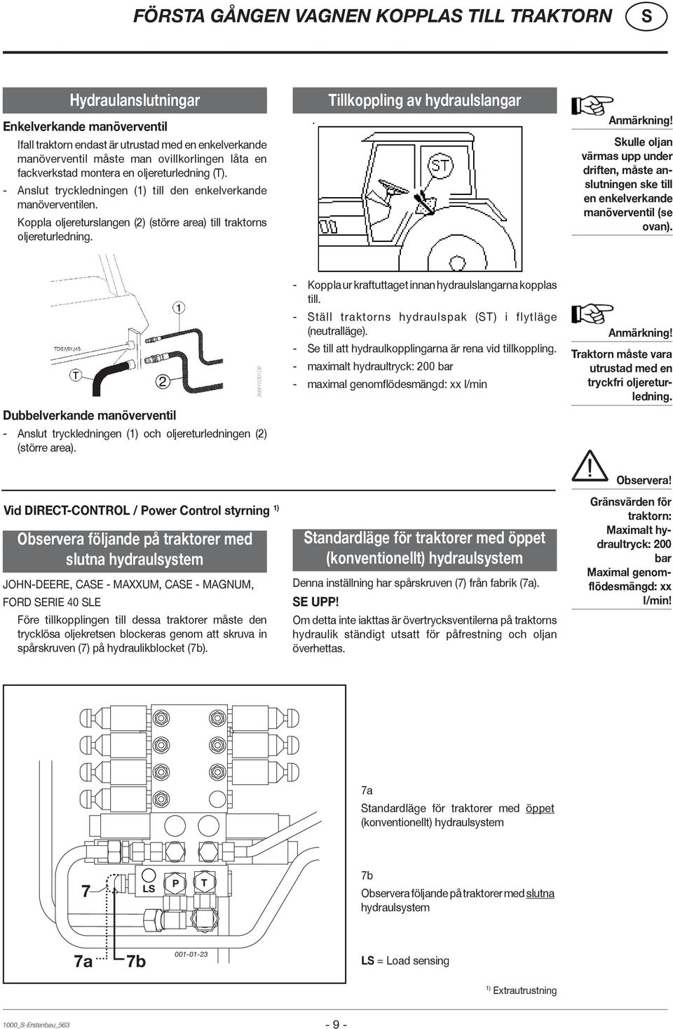Tillkoppling av hydraulslangar Anmärkning! kulle oljan värmas upp under driften, måste anslutningen ske till en enkelverkande manöverventil (se ovan).