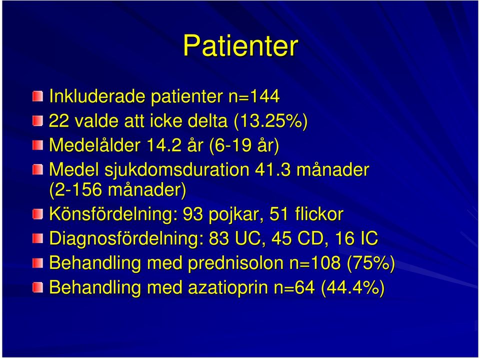 3 månader m (2-156 månader) m Könsfördelning: 93 pojkar, 51 flickor