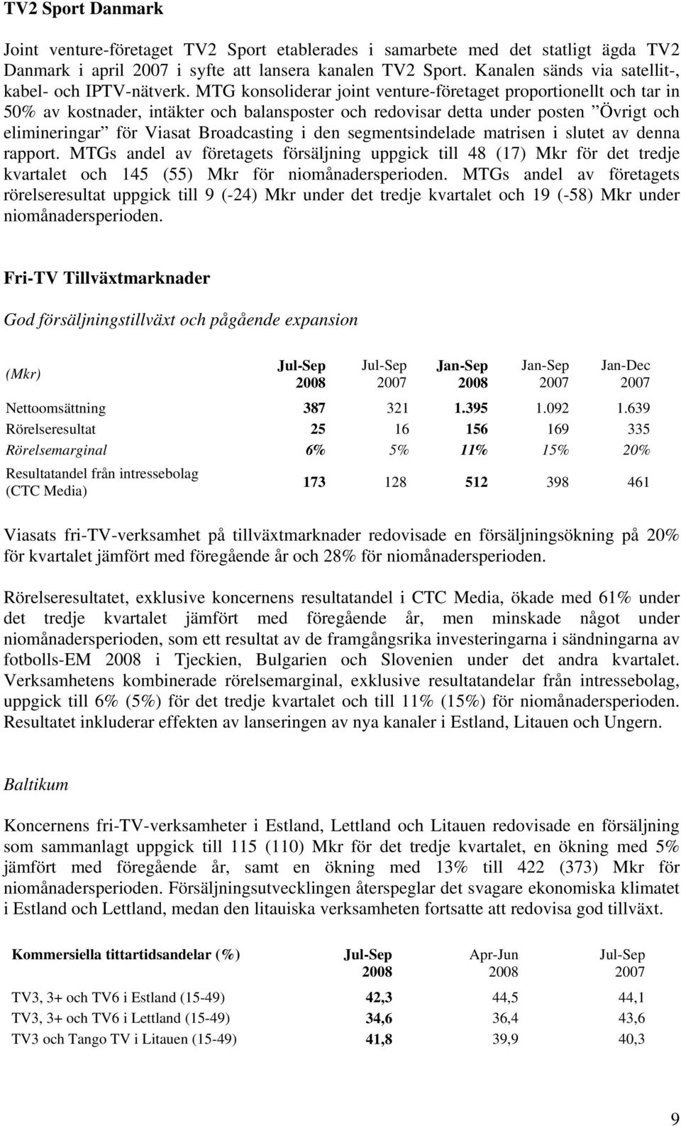 MTG konsoliderar joint venture-företaget proportionellt och tar in 50% av kostnader, intäkter och balansposter och redovisar detta under posten Övrigt och elimineringar för Viasat Broadcasting i den