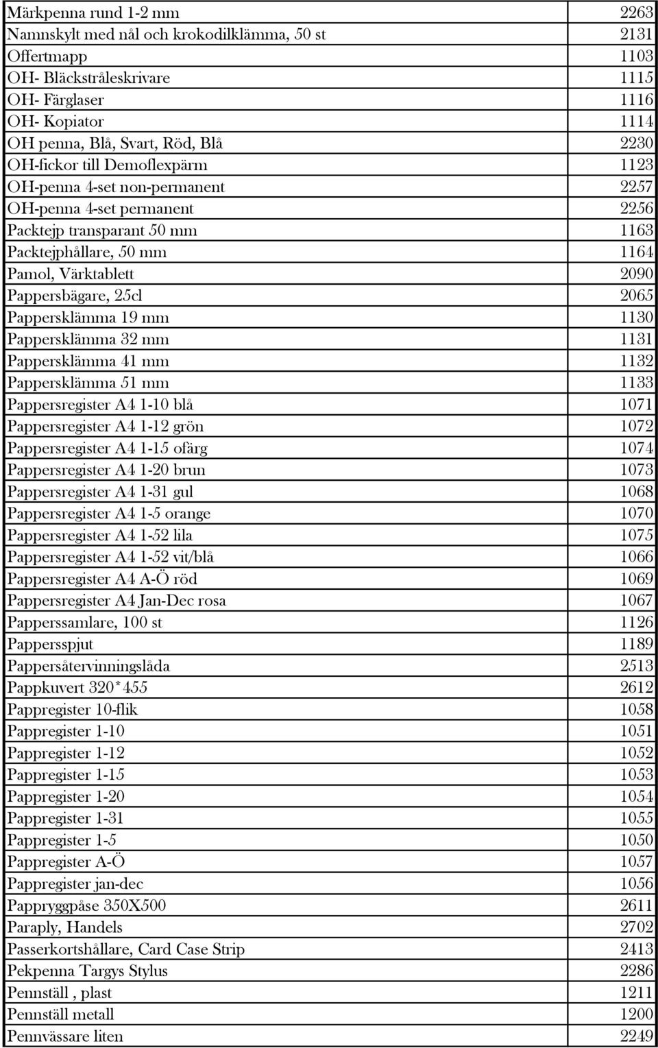 25cl 2065 Pappersklämma 19 mm 1130 Pappersklämma 32 mm 1131 Pappersklämma 41 mm 1132 Pappersklämma 51 mm 1133 Pappersregister A4 1-10 blå 1071 Pappersregister A4 1-12 grön 1072 Pappersregister A4