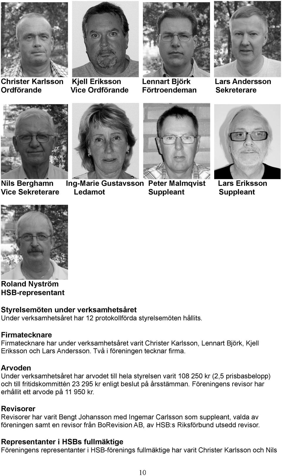 Firmatecknare Firmatecknare har under verksamhetsåret varit Christer Karlsson, Lennart Björk, Kjell Eriksson och Lars Andersson. Två i föreningen tecknar firma.