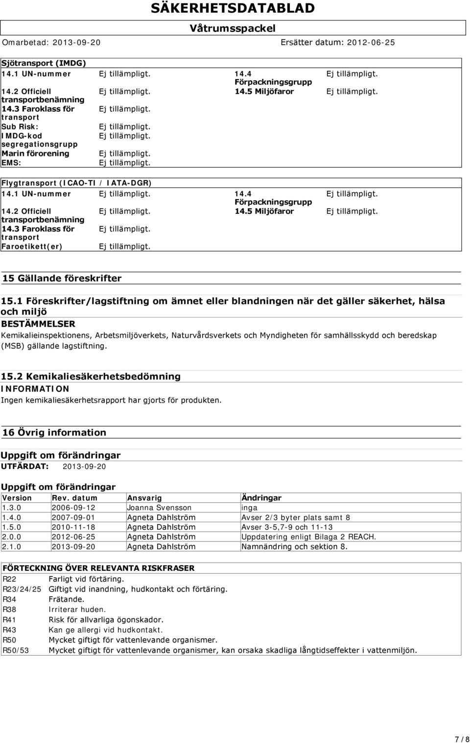 5 Miljöfaror transportbenämning 14.3 Faroklass för transport Faroetikett(er) 15 Gällande föreskrifter 15.