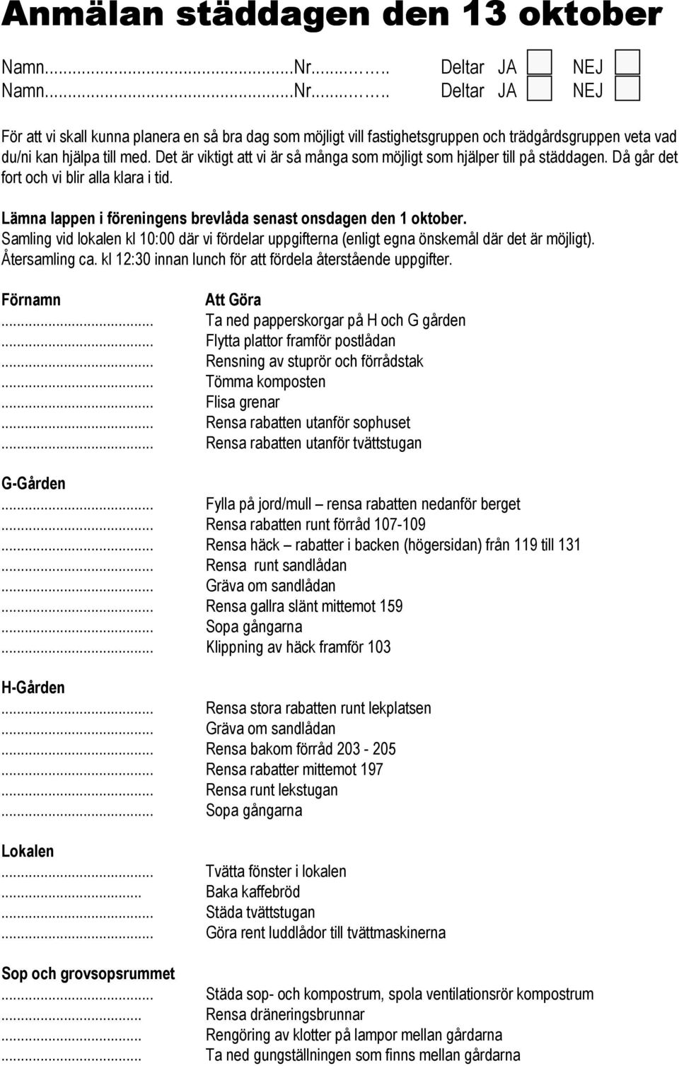 Samling vid lokalen kl 10:00 där vi fördelar uppgifterna (enligt egna önskemål där det är möjligt). Återsamling ca. kl 12:30 innan lunch för att fördela återstående uppgifter. Förnamn Att Göra.