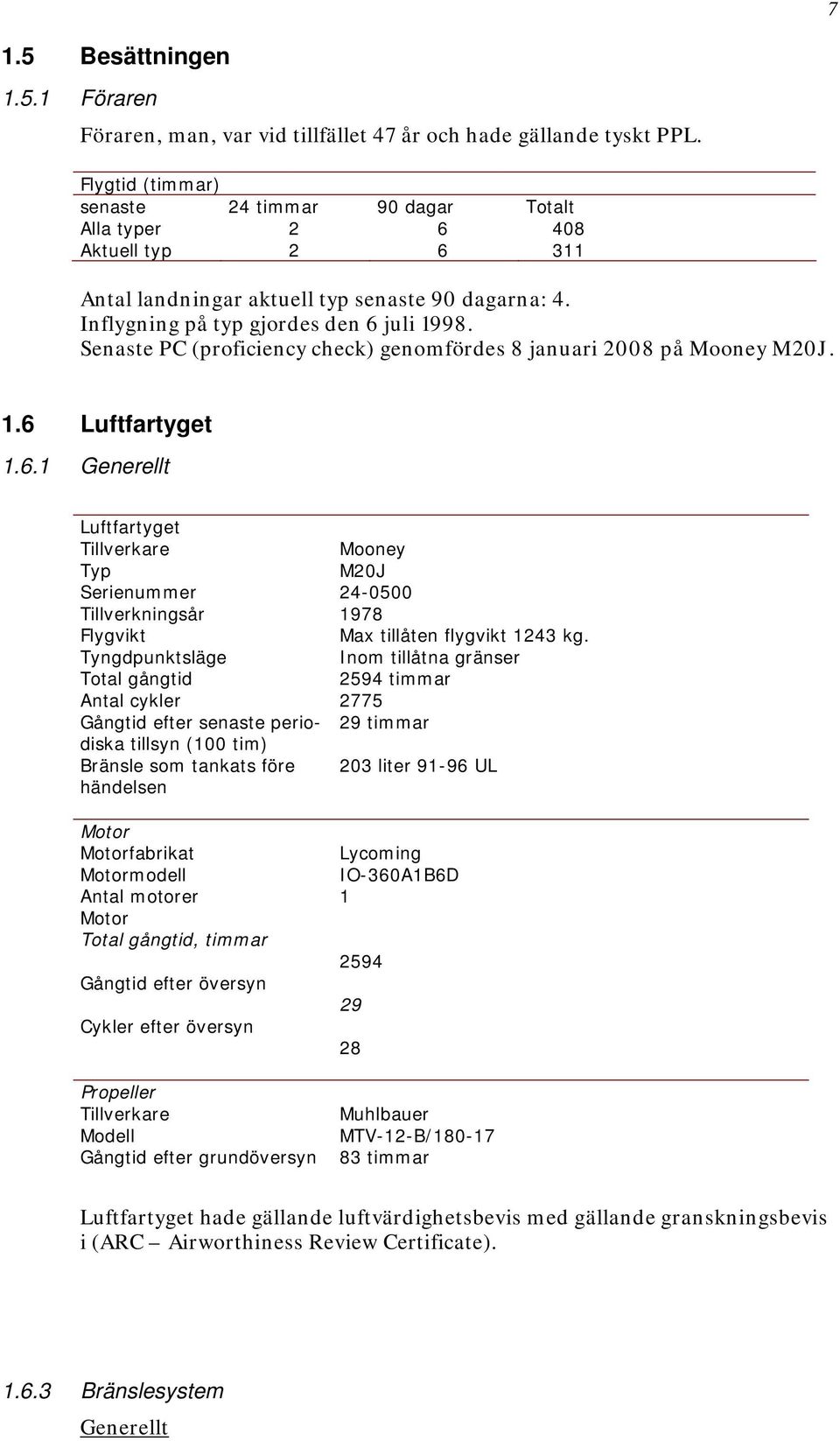 Senaste PC (proficiency check) genomfördes 8 januari 2008 på Mooney M20J. 1.6 