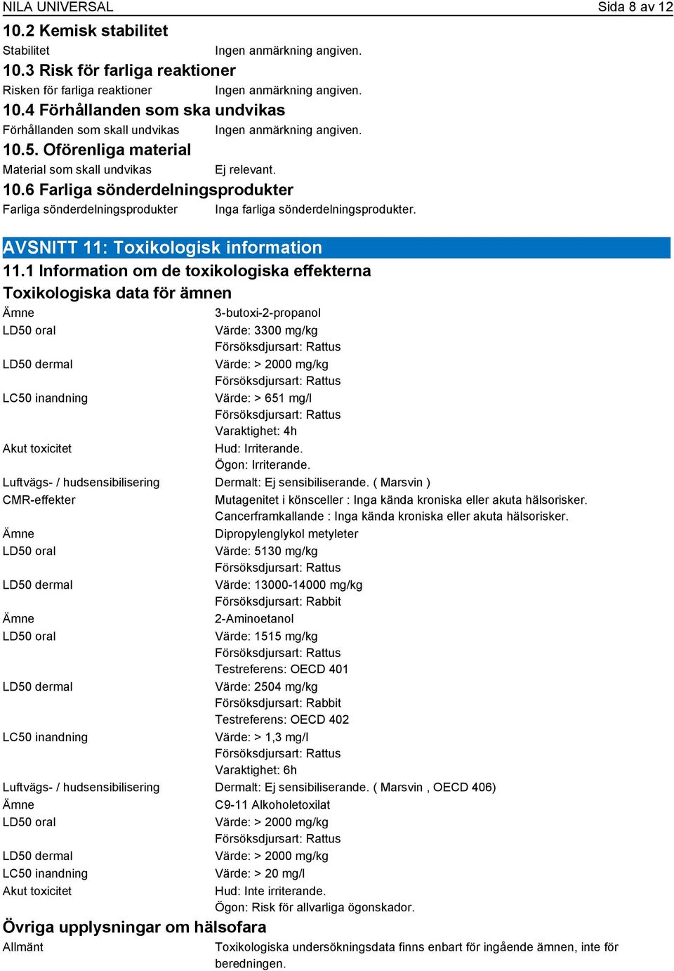 AVSNITT 11: Toxikologisk information 11.