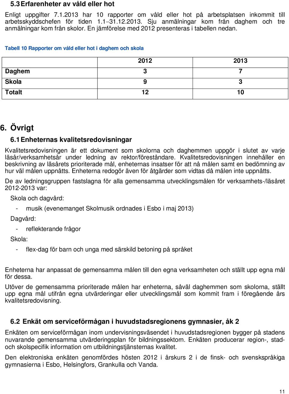 1 Enheternas kvalitetsredovisningar Kvalitetsredovisningen är ett dokument som skolorna och daghemmen uppgör i slutet av varje läsår/verksamhetsår under ledning av rektor/föreståndare.