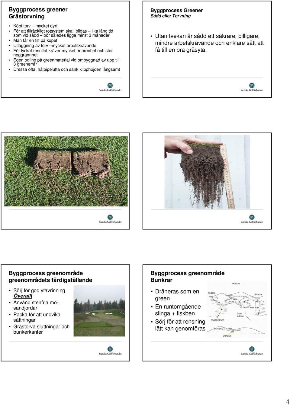 mycket erfarenhet och stor noggrannhet Egen odling på greenmaterial vid ombyggnad av upp till 3 greener/år Dressa ofta, hålpipelufta och sänk klipphöjden långsamt Byggprocess Greener Sådd eller