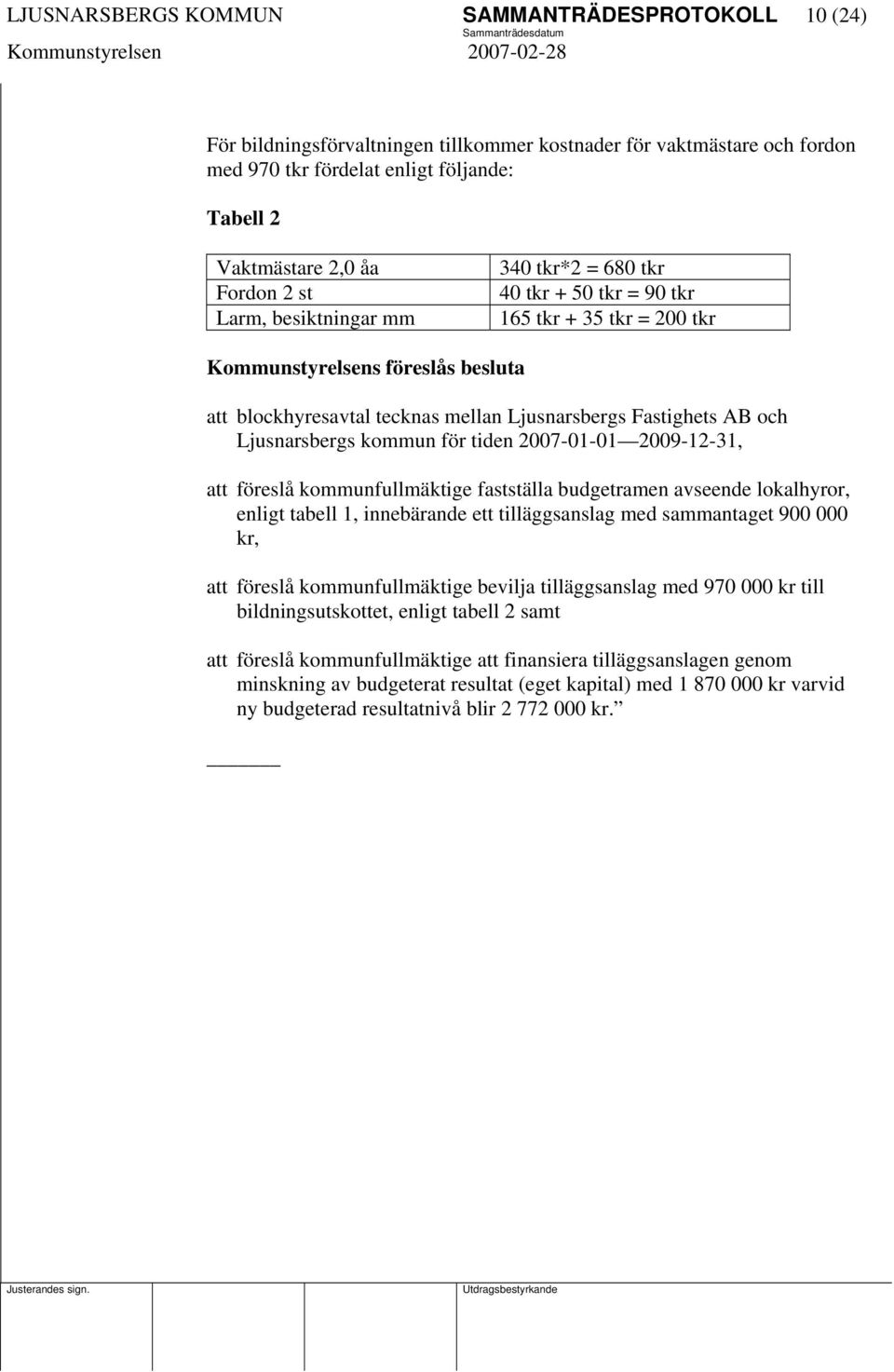 Ljusnarsbergs kommun för tiden 2007-01-01 2009-12-31, att föreslå kommunfullmäktige fastställa budgetramen avseende lokalhyror, enligt tabell 1, innebärande ett tilläggsanslag med sammantaget 900 000