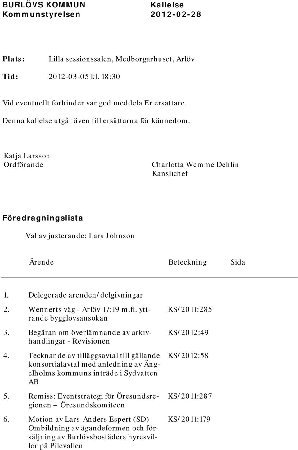 Delegerade ärenden/delgivningar 2. Wennerts väg - Arlöv 17:19 m.fl. yttrande bygglovsansökan 3. Begäran om överlämnande av arkivhandlingar - Revisionen 4.