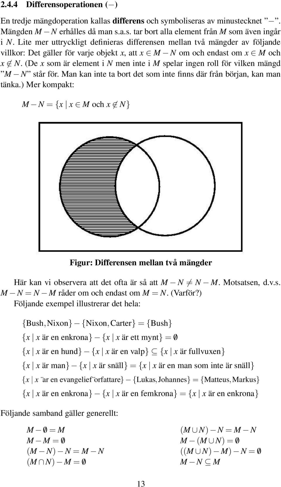 (De x som är element i N men inte i M spelar ingen roll för vilken mängd M N står för. Man kan inte ta bort det som inte finns där från början, kan man tänka.