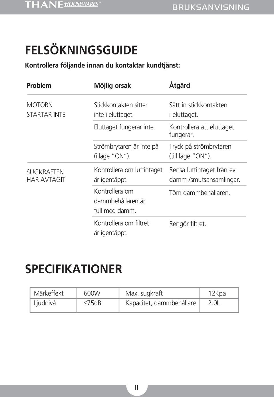 Kontrollera om filtret är igentäppt. Sätt in stickkontakten i eluttaget. Kontrollera att eluttaget fungerar. Tryck på strömbrytaren (till läge ON ).