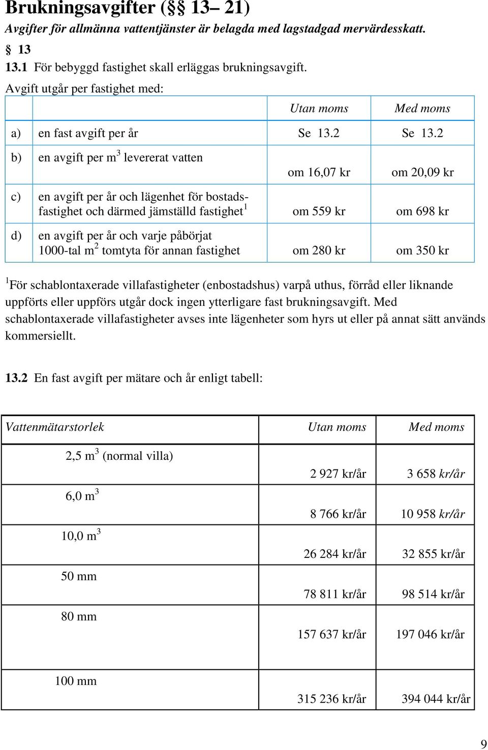 2 b) en avgift per m 3 levererat vatten om 16,07 kr om 20,09 kr c) en avgift per år och lägenhet för bostadsfastighet och därmed jämställd fastighet 1 om 559 kr om 698 kr d) en avgift per år och