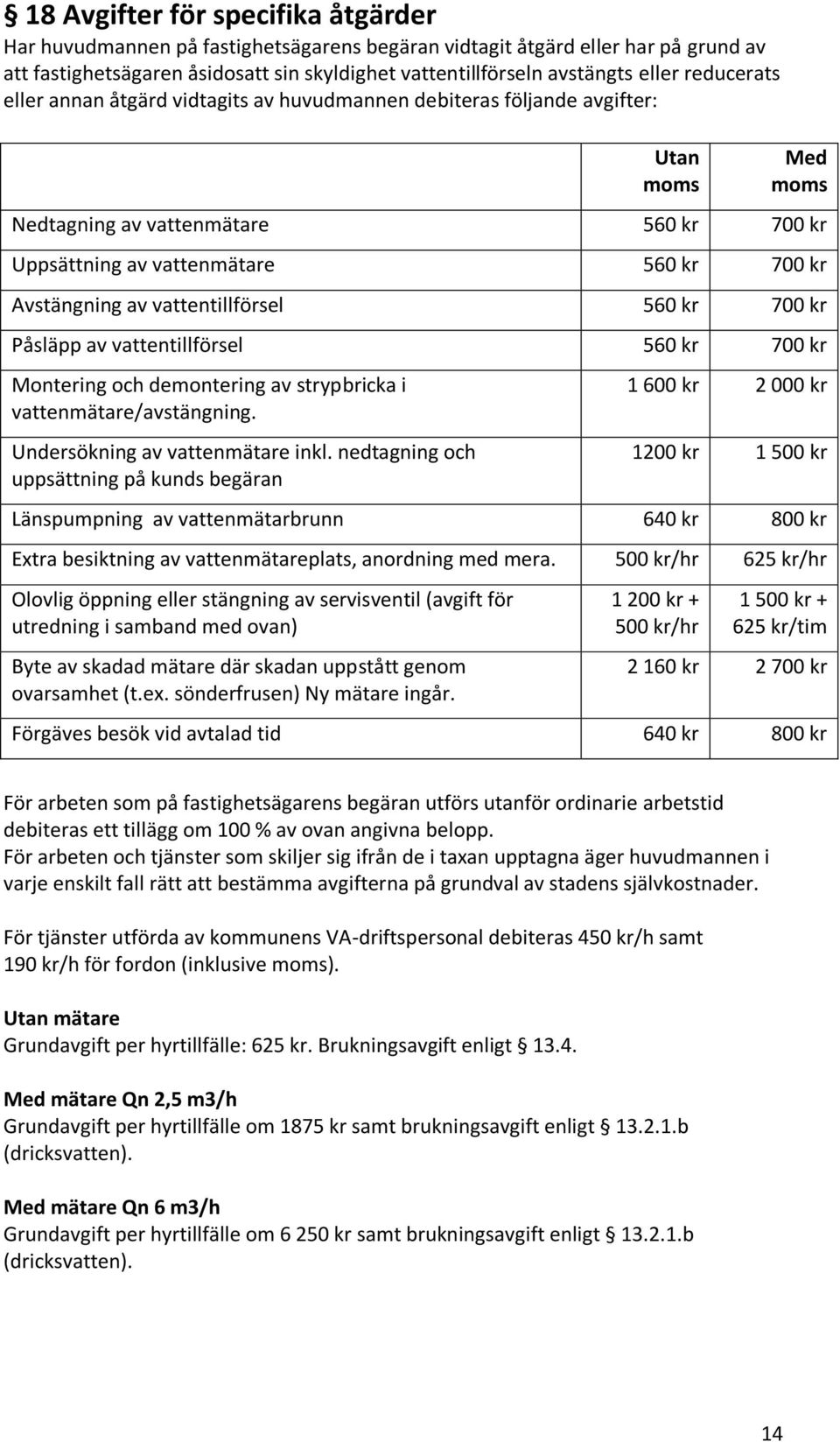 vattentillförsel 560 kr 700 kr Påsläpp av vattentillförsel 560 kr 700 kr Montering och demontering av strypbricka i vattenmätare/avstängning. Undersökning av vattenmätare inkl.