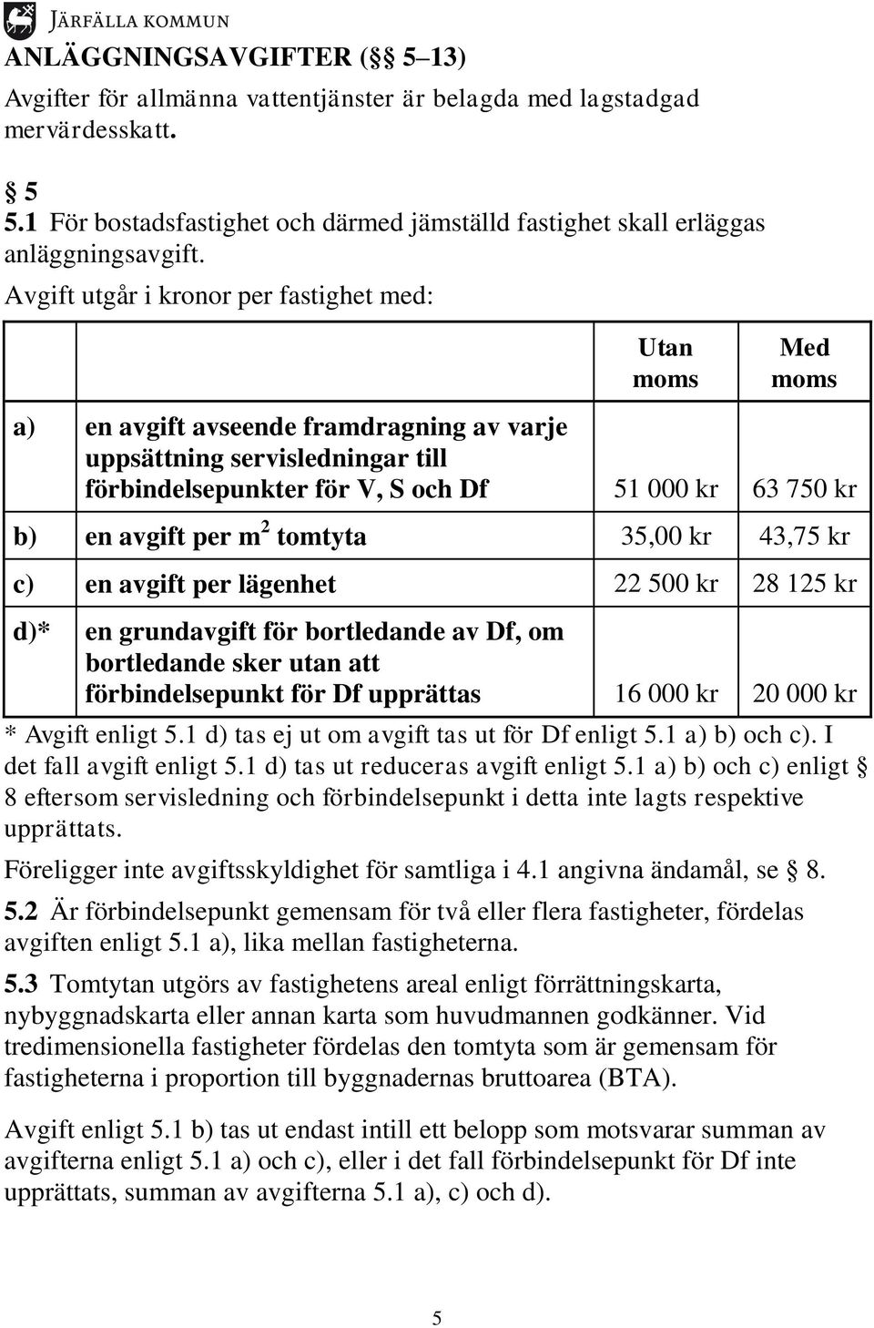 avgift per m 2 tomtyta 35,00 kr 43,75 kr c) en avgift per lägenhet 22 500 kr 28 125 kr d)* en grundavgift för bortledande av Df, om bortledande sker utan att förbindelsepunkt för Df upprättas 16 000