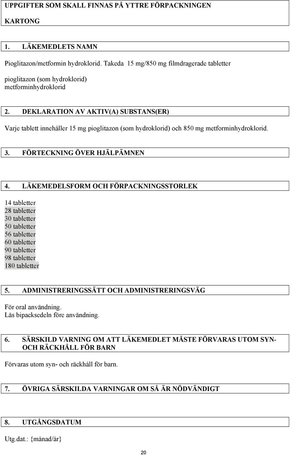 DEKLARATION AV AKTIV(A) SUBSTANS(ER) Varje tablett innehåller 15 mg pioglitazon (som hydroklorid) och 850 mg metforminhydroklorid. 3. FÖRTECKNING ÖVER HJÄLPÄMNEN 4.