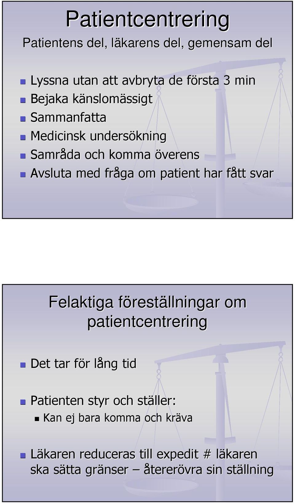 har fått f svar Felaktiga förestf reställningar om patientcentrering Det tar för f r lång l tid Patienten styr och