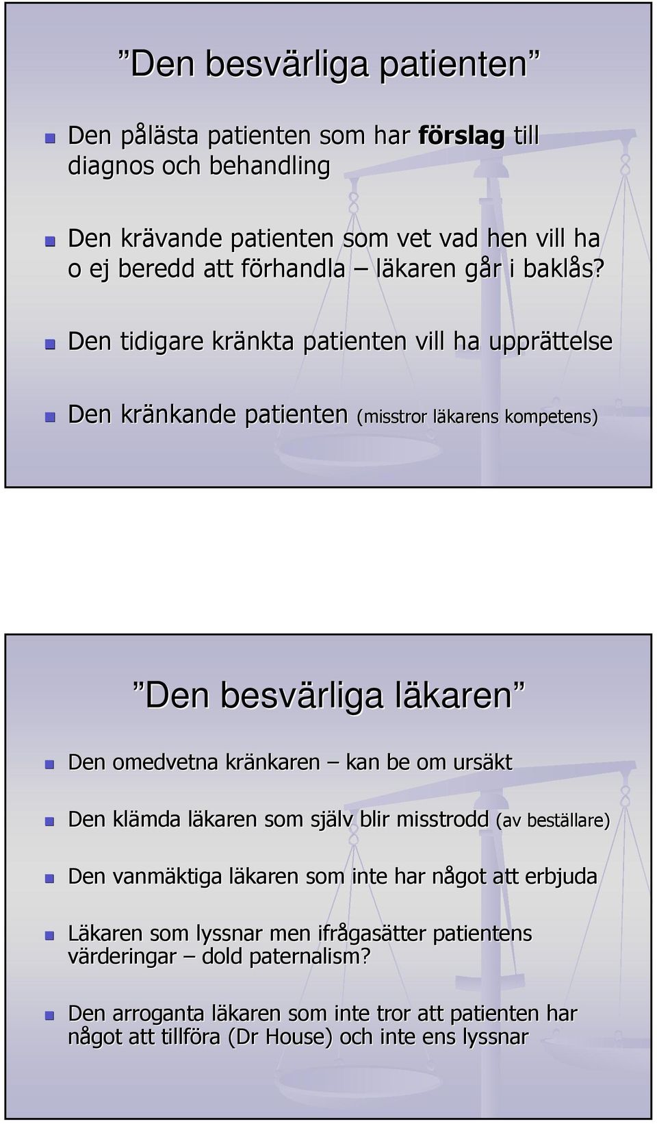 Den tidigare kränkta patienten vill ha upprättelse Den kränkande patienten (misstror läkarens l kompetens) Den besvärliga läkarenl karen Den omedvetna kränkaren kan be