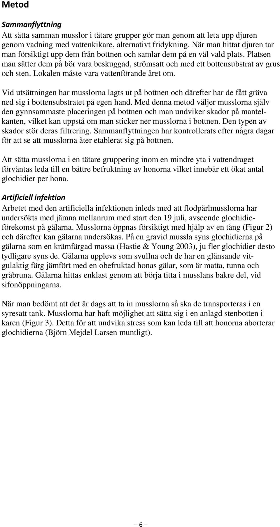 Lokalen måste vara vattenförande året om. Vid utsättningen har musslorna lagts ut på bottnen och därefter har de fått gräva ned sig i bottensubstratet på egen hand.