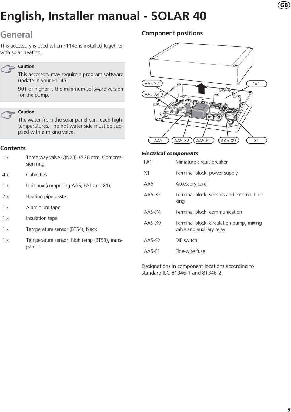 -S -X F Contents x x x x x x x Caution The water from the solar panel can reach high temperatures. The hot water side must be supplied with a mixing valve.