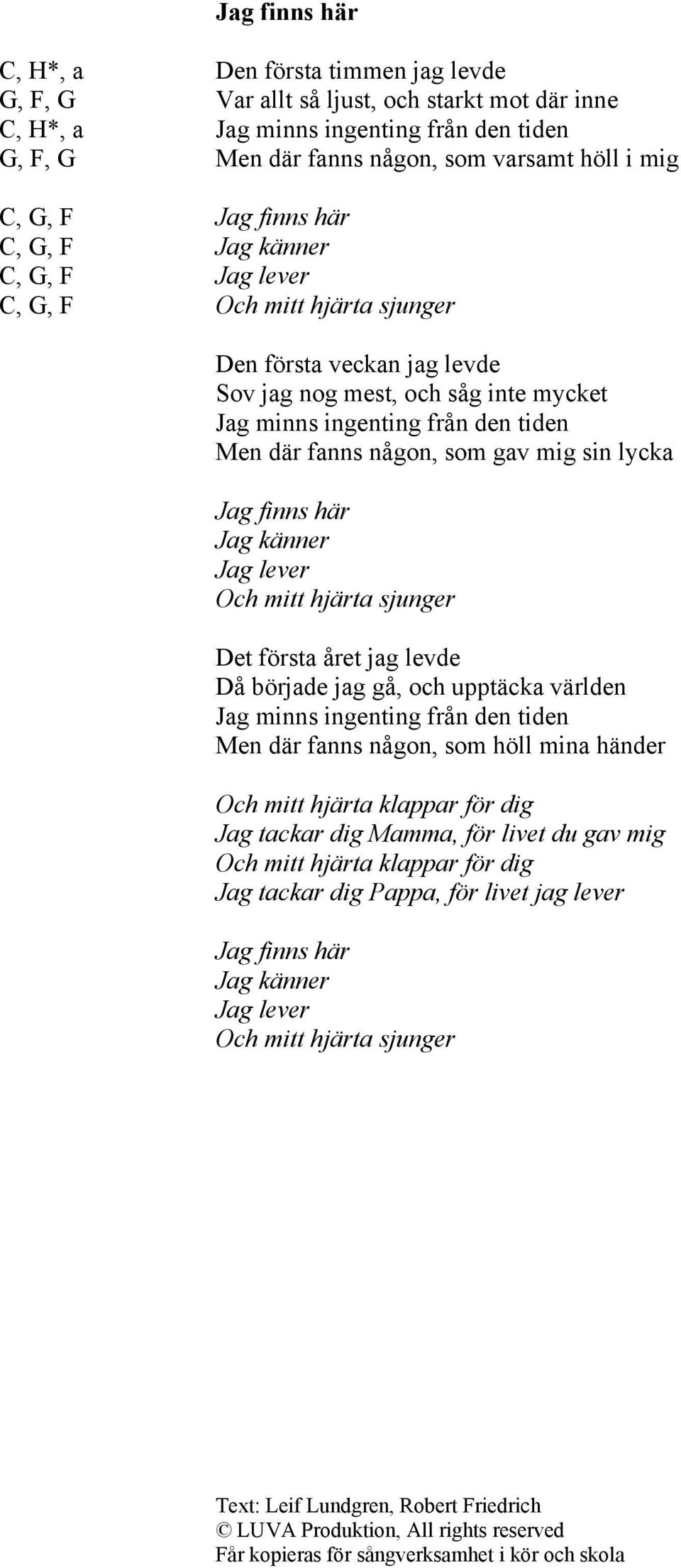 som gav mig sin lycka Jag finns här Jag känner Jag lever Och mitt hjärta sjunger Det första året jag levde Då började jag gå, och upptäcka världen Jag minns ingenting från den tiden Men där fanns