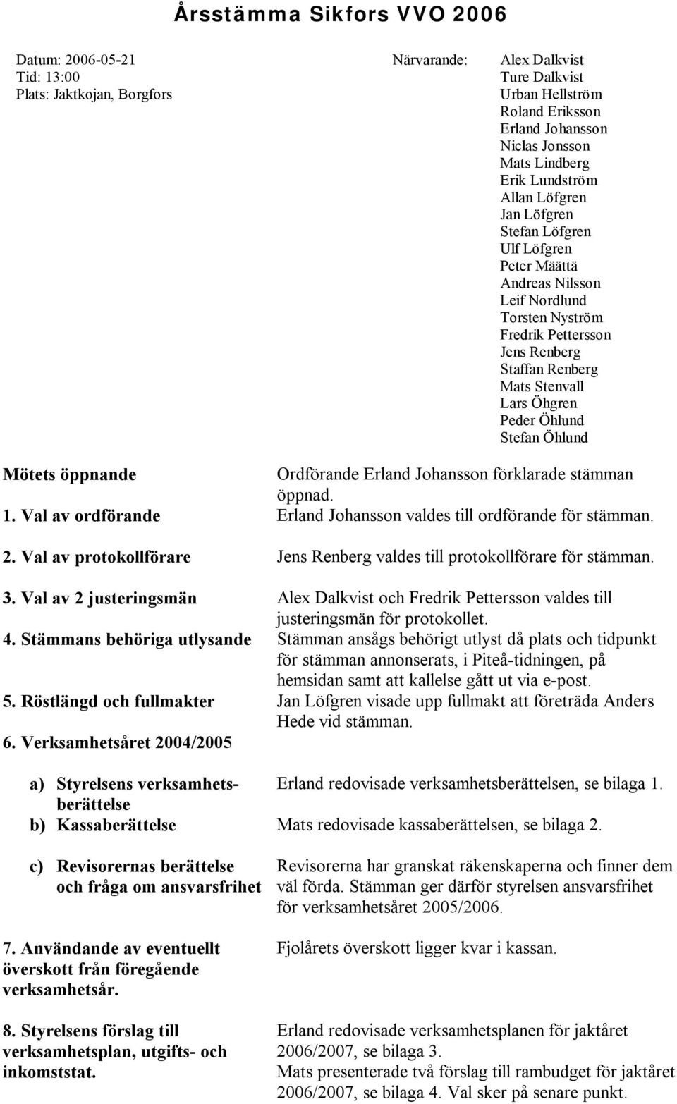 Öhlund Mötets öppnande Ordförande Erland Johansson förklarade stämman öppnad. 1. Val av ordförande Erland Johansson valdes till ordförande för stämman. 2.