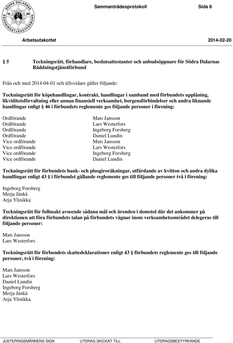 enligt 46 i förbundets reglemente ges följande personer i förening: Ordförande Ordförande Ordförande Ordförande Vice ordförande Vice ordförande Vice ordförande Vice ordförande Mats Jansson Lars