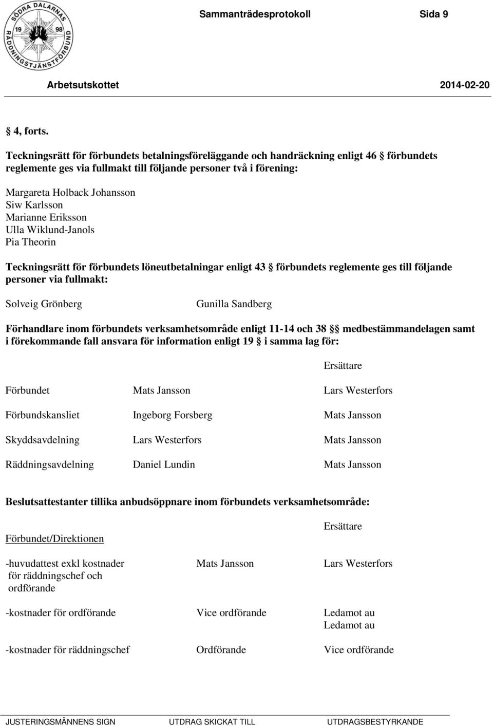 Marianne Eriksson Ulla Wiklund-Janols Pia Theorin Teckningsrätt för förbundets löneutbetalningar enligt 43 förbundets reglemente ges till följande personer via fullmakt: Solveig Grönberg Gunilla