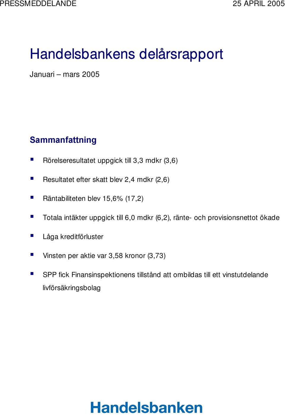 intäkter uppgick till 6,0 mdkr (6,2), ränte- och provisionsnettot ökade Låga kreditförluster Vinsten per aktie