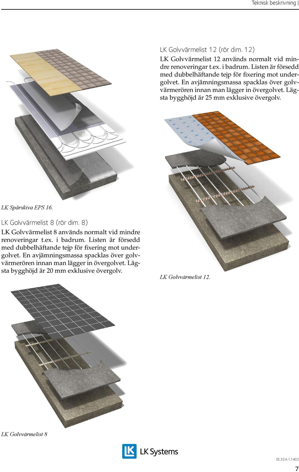 Lägsta bygghöjd är 25 mm exklusive övergolv. LK Spårskiva EPS 16. LK Golvvärmelist 8 (rör dim. 8) LK Golvvärmelist 8 används normalt vid mindre renoveringar t.ex. i badrum.