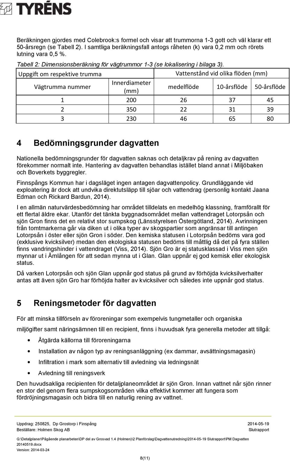 Uppgift om respektive trumma Vattenstånd vid olika flöden (mm) Vägtrumma nummer Innerdiameter (mm) medelflöde 10-årsflöde 50-årsflöde 1 200 26 37 45 2 350 22 31 39 3 230 46 65 80 4 Bedömningsgrunder