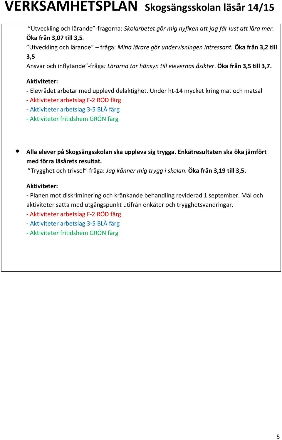 Under ht-14 mycket kring mat och matsal Alla elever på Skogsängsskolan ska uppleva sig trygga. Enkätresultaten ska öka jämfört med förra läsårets resultat.