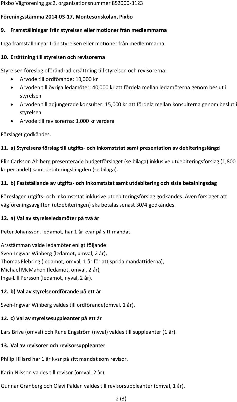 Ersättning till styrelsen och revisorerna Styrelsen föreslog oförändrad ersättning till styrelsen och revisorerna: Arvode till ordförande: 10,000 kr Arvoden till övriga ledamöter: 40,000 kr att